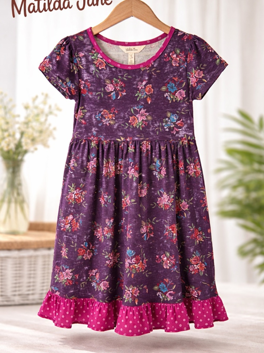 Matilda Jane | Floral Knit Dress Pink Polka Dot Trim | Size 6